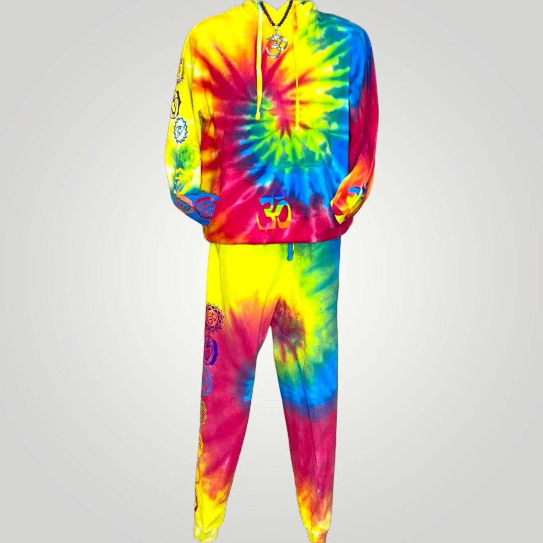 Spiritual 7 Chakra Rainbow Tie-Dye Sweatsuit, Yoga Sweatsuit Unisex, Spiritual Gifts, Yogi Gift, Chakra Symbols, Sweatsuit, Mindfulness, Positivity Tie-Dye, Hoodie & Pants with 7-Chakeas Symbols (Tie-Dye)
