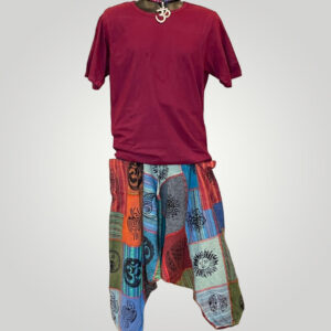 Handmade Patchwork Harem Drop Crotch Buddha Trouser with Spiritual Symbols & Pocket