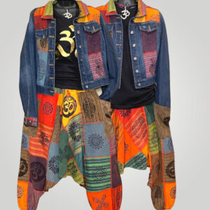 Patchwork Harem Drop Crotch Buddha Trouser with Spiritual Symbols & Pockets
