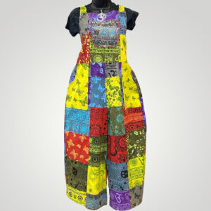 Handmade Wide-Leg Capri Harem Patchwork Jumpsuit with Butterflies & Om Symbols