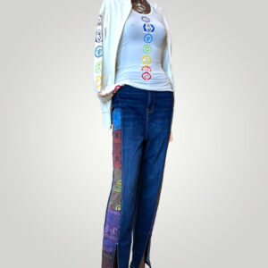 Women Plus Size Custom Patchwork Denim Jeans with OM Symbol Patchwork